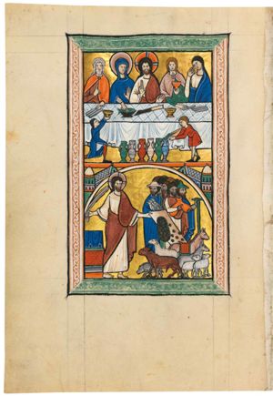 Christ - seen frontally, holding his left hand down with the palm in front view and his right hand in front of his chest making a blessing gesture - behind a table, with on his right Mary - her left hand with palm in front view in front of her chest and her right hand forward touching a fish in a bowl -; on Mary's right the architriclinus(?), left hand down, touching a bread-roll(?); on Christ's left: the bride, who is holding a cup in her left hand in front of her chest and touches a bread-roll(?) with her right hand down; to her left the groom holds a small object with his right hand bent to his head; a man pours water into one of six jars in front of the table.