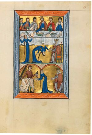 king Herod Antipas, holding a cup in his left and stretching his right hand forward in a gesture of speech, behind a laid table with five companions: three on Herod's right and two on his left; one of them holds his right hand in front of his chest, making a gesture of speech(?) with two fingers raised; another holds a cup in front of him; a third holds his right hand in front of his chest and his in front of him with the palm of the hand in front view; the fourth holds food with his left and stretches his right hand forward, touching fish on a platter on the table; the fifth is drinking from a cup and stretches his left hand forward touching a bread-roll(?); furthermore on the table: a dish, loafs of bread and some knives; (conflated with) in front of the table: Salome, who is represented twice: once dancing (doing a back-bend), and once standing with both arms sideways, palms of the hands turned upwards, pony-tail, asking for the head of John the Baptist; her mother, wearing a crown, is sitting on a chair in front of the table with her right hand forward, palm upwards in a gesture of speech; with her left hand she points down to the ground.
