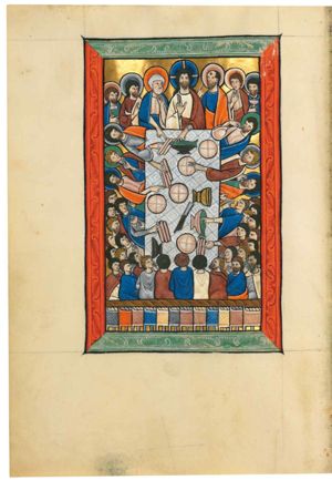 Christ, his disciples and a crowd gathered around a rectangular table, seen in bird's eye view; Christ is at the centre, holding his right hand in a gesture of blessing in front of his chest, stretching his left hand forward, touching a fish on a dish; the apostles are seated at either side of Christ, making various gestures; Peter, to His right, holds a piece of bread(?) with his left hand bent to his head and stretches his right hand forward, touching bread-rolls(?) on the table; Paul bends his right hand to his head, with raised index finger; two of the others are holding a cup in front of their chest; four are bringing pieces of bread(?) to their mouths; one is holding his hand in front of his chest, raising his index and middle finger, like in a blessing gesture; members of the crowd make similar gestures; those at the end of the table opposite Christ are represented seated in back view; on the table are loaves and rolls(?) of bread, dishes with fish, cups and a knife; in front of the table scene are a row of baskets with bread with fishes on top.