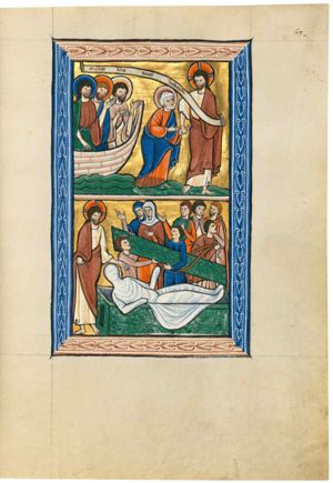 Christ, holding an inscribed scroll in his left, with this right hand takes the left hand of Peter who has left the boat and whose feet are already under water; Peter holds both hands forward and is looking up at Christ, who is turning his head to his right; three disciples are in the boat, all three raising their left hand with the palm in front view; the foremost one holds his right hand down.