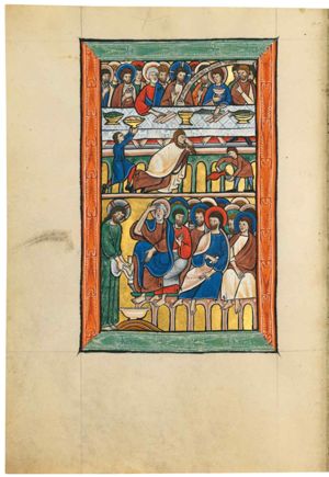 behind a rectangular table Christ, his disciples, and Simon the Pharisee are seated (their feet are visible under the table); Christ, at the centre, holds his right hand in front of his chest in a gesture of blessing(?); with his left He holds an inscribed scroll; two of the apostles bring a piece of bread(?) to their mouth with their right hand; Peter stretches his right hand forward, touching a bread-roll(?) with index and middle finger, as does one of the other apostles, who also holds a cup in front of him; in front of the table, a servant holds a dish with bread in both upward stretched hands; a second one pours wine or water from a jar into a cup; Mary Magdalene, kneeling on both knees, wipes Christ's feet with her hair; the table seems to be placed on an arcaded elevation; on the table: dishes with fish, bread-roll(?), a cup and a knife.