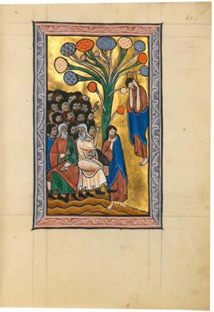Judas walks away from the Sanhedrin holding his covered left hand, against his head and touching his beard with his right hand; two members of the Sanhedrin are sitting on a bench in front of a small, dark-faced, crowd; one is holding a closed scroll in his left hand, held downwards, while with his right hand he points to his left; the other one holds his left hand in front of his abdomen, and while he raises his right hand, pointing upwards, he turns his head back to his right; most members of the crowd are looking upward at Judas, who is hanging from a tree (conflated, described separately); three of them, however, turn their eyes to their right; one man points at the hanging Judas with his right hand raised.