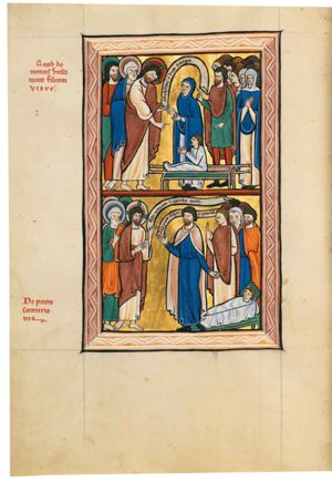 the son of the widow - in a shroud(?) - is sitting on a bier with his hands forward, palms towards each other, looking up at Christ, who is standing opposite him with slightly bowed head, his right hand down in a gesture of speech (command), an inscribed scroll in his left, held forward; Peter and another apostle stand behind Him; the widow is standing behind the bier of her son, with both arms forward, palms of the hands towards each other, looking up at Christ; a small crowd, with a man standing in front of it, who holds his right hand forward, pointing up and his left hand down, pointing at the youth; a woman in the crowd is wringing her hands.