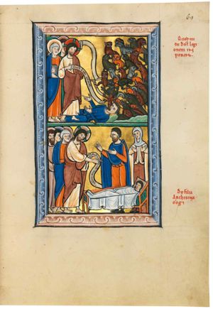 Christ, holding an inscribed scroll with his right hand in front of his chest, his left hand covered, is followed by Peter, holding a book with precious stone on the cover in his right hand in front of him; in front of them the possessed man lies on the ground, slightly raising his head and stretching both hands forward, the palm of the right hand upward; a small devil leaves his mouth stretching both hands forward, holding an inscribed scroll in his right and holding the other end of Christ's scroll with his left; on the right monsters in various kinds of animal shapes, some of which are swallowed by swine.