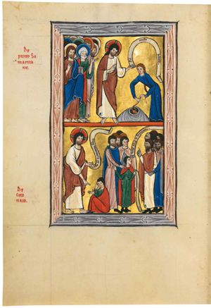 Christ, his head turned down to his left, with his left arm sideways, holding an inscribed scroll and his right hand in front of his chest in a gesture of speech, addresses the woman of Samaria, who is standing at the well, bowing forward, pulling up a jar from the well with a rope which she holds with arms stretched downwards; a group of apostles follow Christ; foremost is Peter who holds a book in his covered right hand in front of his body and raises his left with the palm in front view; another apostle holds his right hand in front of his chest.