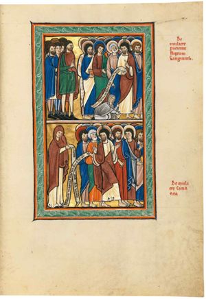 Christ and the apostles walking to the right; Christ is turning his head back to his right, holding an inscribed scroll in his right and his left in front of his chest in a gesture of speech; Peter, behind Him points down at the woman with the issue of blood, who is kneeling on both knees, stretching both hands forward, touching the hem of Christ's tunic and pallium; the foremost man of the small crowd makes a speaking gesture with his right hand in front of his chest; one of the apostles is carrying a book of which the cover is decorated with stones.