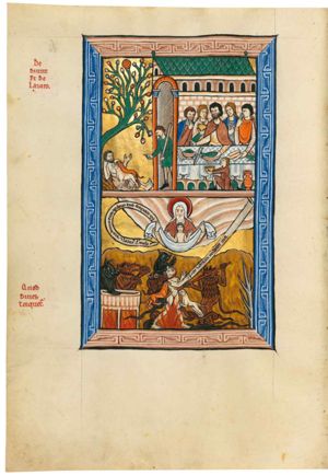 the poor Lazarus is lying against a tree supporting his head with his right hand, holding his left hand forward with palm in front view; a guard, resting a stick against his shoulder with his left hand forward and making a gesture of speech with his right hand forward, is standing in the doorway of Dives' house; inside the house Dives is at a meal with two men and two women; he stretches both hands forward, making a gesture of speech with his right and holding a fish with his left; the two men bring a piece of food to their mouth, one holds it between index and middle finger; one woman is holding a cup in front of her chest; the other holds a piece of bread(?); a servant is kneeling in front of the table, holding a cup with forward stretched hands; a jug is standing in front of the table.