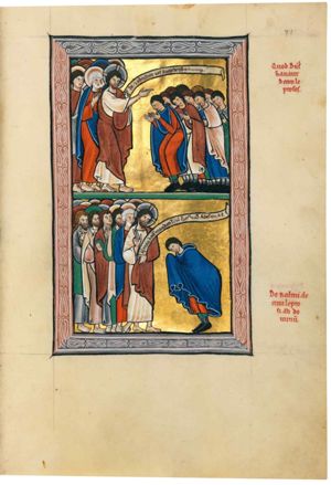 on the left Christ, who stretches his right hand forward in a gesture of speech, raising his left with an inscribed scroll in it; behind him several apostles, among whom Peter, holding his right hand in front of his chest; opposite Christ and the apostles the group of lepers, bowing forward, the foremost holding both hands forward with palms towards each other, another one with his left hand in front of his chest.