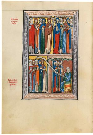 the ten virgins are divided into two groups of five: the foolish on the left, the wise on the right; at the centre, one of each group is holding an inscribed scroll, the foolish one with her left hand forward, the wise one, who is turning her head back to her right, holds it with her right hand in front of her; the virgins all hold a lamp with hand forward or in front of their chest; one of the foolish virgins raises her right hand in a gesture of speech; another one of the wise also turns her head back to her right; one of the foolish virgins starts to walk to the left.