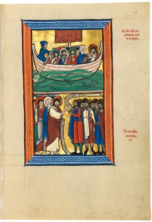 Christ is sitting at the front end of the small sailing boat, asleep, holding his head with his right hand; Peter puts both hands forward, the left with the palm in front view, with the right holding Christ's wrist; one of the other disciples holds his left hand in front of his chest, pointing upwards while holding the edge of the boat with his right hand in front of him; a second and a third also hold a hand in front of their chest, one in a gesture of speech, the other with the palm of the hand in front view; a helmsman, wearing a hooded cape, holds the rudder with both hands forward.