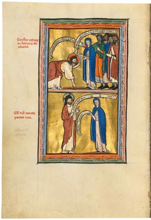 Christ bows forward, bending his head backward, looking up at the woman accused of adultery standing before Him; He stretches his right hand down to write in the sand and his left hand upwards holding an inscribed scroll; the woman, followed by a small crowd of Pharisees with dark faces, holds both hands forward with palms towards each other; the foremost of the Pharisees stretches his right hand forward, holding an inscribed scroll, and holds his left hand in front of his chest in a gesture of speech; another one of the Pharisees holds his mantle with his left hand.