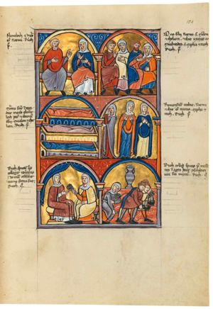 Elimelech, making a speaking gesture with his left hand sideward, and holding his left hand in front of his chest, is seated next to Naomi who holds her hands in front of her chest, the palm of her right hand in front view; architectural setting.