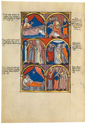 Boaz is lying in bed, on his side and resting his head in his hand; he is covered with a blanket; Ruth is at his feet, raising her left hand with the palm upwards, making a speaking gesture, and holding her right hand in front of her body; architectural setting with curtains drawn aside.