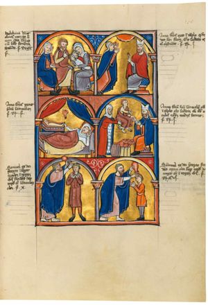 Elkanah, is sitting with his left hand on his knee, holding his right in front of his chest, looking to his left, at Penninah who is holding two swaddled children in her arms; to Elkanah's right Hannah sits, her right arm resting on her leg, resting her head in her left hand; architectural setting.