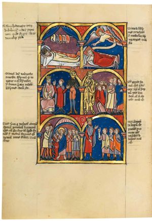 king Nebuchadnezzar is lying on his back with his right hand under his head, asleep, wearing his crown, resting his head against a pillow, a blanket covering him; five pieces of cloth (clothes?) draped over a pole; architectural setting with curtains drawn to the sides.