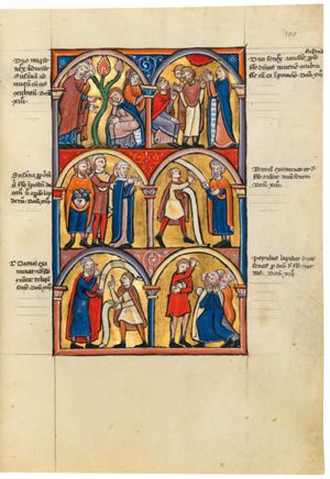 the two elders stand before Joakim, the foremost stretching both hands forward, holding the palm of the left upward and making a speaking gesture with the right, addresses Joakim who is sitting with his right hand under his chin and his left on his knee; a woman (servant?) walks to the right behind him; a tree.
