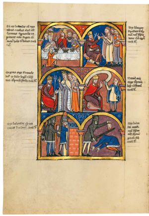 king Belshazzar, behind a rectangular table, turns his head to his right, looking upward while raising his right hand in a pointing gesture; with his left, stretched forward across the table he accepts a cup which is handed to him by a servant kneeling on one knee and holding the cup with both hands forward; to the king's right: the queen who brings a piece of food to her mouth with her right hand; behind the queen a man stretches his right hand forward, taking a piece of bread(-roll?) from the table; to the king's left, two men: one holds a cup in front of his chest, the other a piece of bread(?), while stretching his left hand forward, taking a cup; a hand appears from the sky, writing on the wall; architectural setting.