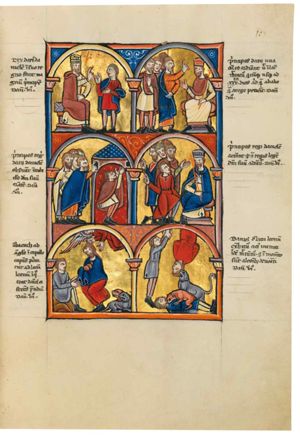 Darius, crowned and enthroned, holding his sceptre with his left hand in front of his body, stretching his right hand forward in a gesture of speech; Daniel, in short tunic, before him, raises his right hand in a gesture of speech, while holding his left in front of him; architectural setting.