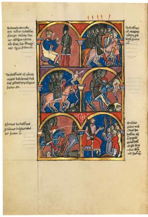king Nebuchadnezzar, sitting with his legs crossed, seen in profile, is holding a sceptre in his left hand in front of his body, and stretches his right hand forward, making a gesture of speech; Holofernes is standing before the king, his right hand forward with the palm in front view, holding his lance with his right hand downward; he is wearing a coat of mail over a short tunic, and a helmet; architectural setting.