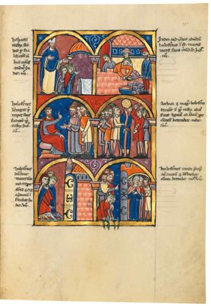 Eliakim, dressed as a bishop, holds his right hand in front of his chest, his left hand sideways with the palm in front view; to his left a small group of people is kneeling in front of an altar - covered with a sack - placed under a canopy; one of them raises his left hand with palm upwards and strews ashes on his head with left hand; architectural setting.