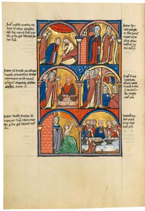 Judith stretches both arms upward with the palms of the hands towards each other, looking up at heaven, represented as circles; architectural setting.