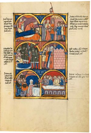 Judith raises her arms towards the moon(?) and sky, the palms of her hands towards each other; architectural setting.