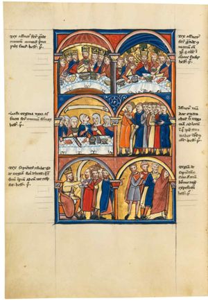 king Ahasuerus is seated behind a sigma-shaped table with his princes; he is holding a cup with his right hand in front of his chest and raises his left with the palm in front view; two of the princes stretch a hand forward, touching dishes with food; one of them brings a piece of food to his mouth; bread-rolls(?) and bread on the table; architectural setting with velum.