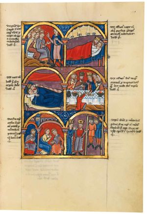 Hegai is standing in front of the girls entrusted to her care, making a speaking gesture with her right hand forward, his left hand in front of his chest; the virgins are sitting on the ground in front of him; the foremost (Esther?) holds both hands forward with the plams turned towards each other; a second one holds her right hand in front of her chest; architectural setting.