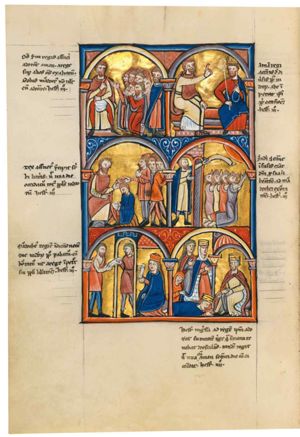 Haman is standing with his legs apart, wearing hoses(?); he is holding a staff in his left, held down across his abdomen; he is making a gesture of speech with his right in front of his chest; a group of people is kneeling on both knees, one man raises his arms, palms of the hands towards each other; Mordecai walks away to the right, turning his head back to his right, looking at Haman.