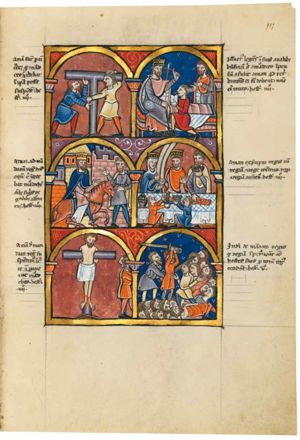 two men in short tunic erect a T-shaped cross: they both have one arm raised, one of them as though pushing the cross-bar, the other with his arm around it as though supporting it with his shoulder, they both hold the vertical bar with a hand stretched forward; architectural setting.