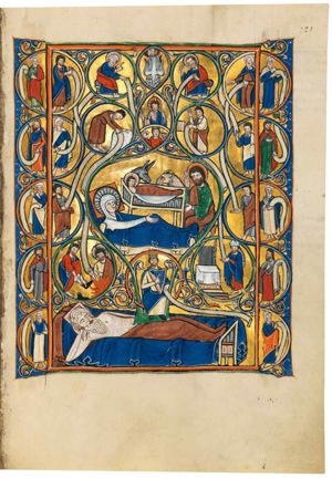 tree of Jesse with elaborate typological juxtaposition centering around a Nativity scene. 1: Jesse, naked, lying on his side on a bed (pillow, blanket) supporting his head with his right hand, eyes closed. 2: from the loins of Jesse appears David, as prophet and psalmist, sitting in front view, playing the harp which he holds with his right in front of his chest, holding a scroll with his left to his side. 3: to the left of David: Moses taking his shoe off in front of the burning bush in which God appears as Christ, making a speaking gesture with his left hand in front of his chest and holding a scroll with his right hand sidewards. 4: to the right of David: Aaron, dressed as a bishop, next to an altar upon which the rods of the twelve tribes are standing; Aaron's rod is flowering; Aaron is holding a scroll with his left hand forward. 5: in the centre of the miniature: the Nativity with Mary reclining, her head resting against a pillow; she is covered by a blanket and stretches her right hand forward; the Christ-child in the manger behind her bed; Joseph sitting at her feet, his left hand forward, his right hand raised with the palm in front view; ox and ass at the manger. 6: Gideon, bowing forward, picks up the fleece with his left hand forward, holding a scroll in his right hand, also held forward. 7: Daniel, his right hand raised with the palm forward, and a scroll in his forward held left hand, is standing next to the stone that moved without human interference (Nebuchadnezzar's dream). 8. St. Peter - above Gideon - and St. Paul - above Daniel - both seated on a bench; Peter is holding a scroll with his left hand down, and makes a gesture of speech with his right hand forward; Paul holds a scroll with his left in front of his chest, while making a speaking gesture with his right hand raised. 9. The Father - in the shape of a head - and the Holy Ghost - in the shape of seven descending doves (seven gifts of the Holy Ghost). 10. The Son making a blessing gesture with his right hand raised and holding a crozier in his left. 11. Ecclesia holding both arms sidewards, a host in the right hand between thumb and index finger, and a chalice in the left: 'elevatio'. 12. The twelve major and four minor prophets (not individually identifiable) all holding a scroll with a hand raised, held sidewards, forward, in front of the chest or downwards; some have covered the other hand; held down in a pointing gesture, raised and holding the other end of the scroll, touching the beard, raised and holding the decorative frame of the miniature, held in front of the chest with the palm in front view, in front of the chest in a speaking gesture. Frame of geometrical and abstracted floral ornament.