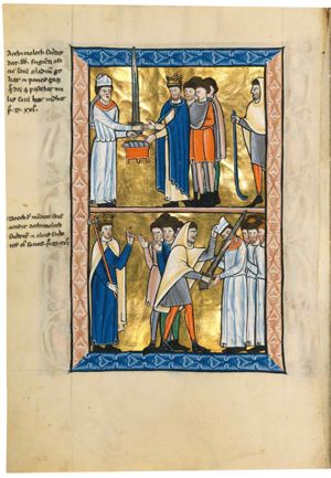 Doeg, dressed as a bishop, both hands forward, gives David Goliath's sword with his right and five pieces of hallowed bread in a basket with his left; David, wearing a crown, accepts the sword with his right hand stretched forward, with the palm in front view and takes the basket with his left hand forward; four of his men behind David, in short tunics; at the far right: Doeg, in short tunic and hooded cape, holding a shepherd's crook with his right hand forward.