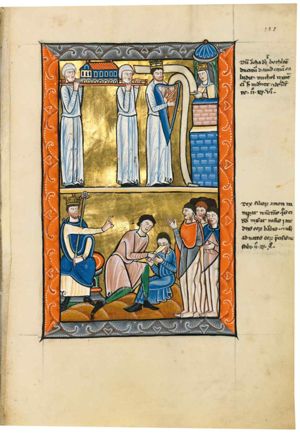 David is playing his harp while he walks in front of the ark, which is carried on the shoulders by two priests; David also holds a scroll with his left hand slightly forward; Michal is looking at him from the window of a tower, holding a scroll with her left hand forward; both Michal and David wear a crown.