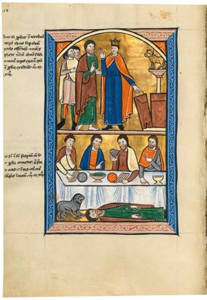 king Jeroboam, wearing a crown, stretches his left hand down, pointing at the altar which is split open; the king raises his right hand with the palm in front view; the 'man of God' from Judah facing him, holds his left hand forward with the palm in front view and his right hand in front of his chest in a gesture of speech; two men in short tunics stand behind the prophet, the foremost of which holds his right hand in front of his chest; behind the altar a pillar with the golden calf of Bethel.