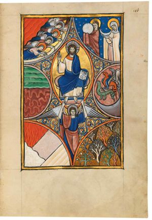 the creation worships God (1): 'laudate eum omnes angeli eius laudate eum omnes virtutes eius': four flying angels in heaven stretch their right hand forward, holding a scroll; one is also stretching his left hand forward with the palm upward.