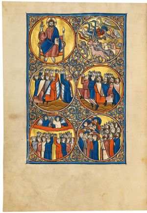 the creation worships God (8): God represented frontally as Christ enthroned, raising his right hand with palm frontal in a blessing gesture, holding a book on his left knee with his left arm forward.