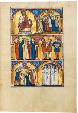 the creation worships God (13): God represented frontally as Christ enthroned, his right hand in front of his chest with the palm in front view, making a blessing gesture; holding a book with his left hand sideways; architectural setting.