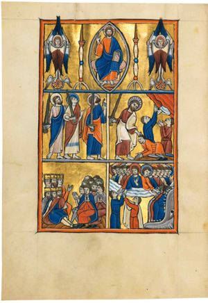 the creation worships God (19): Christ in mandorla, seated on a throne, raising his right hand in blessing; his left hand, to his side, holds a book; on either side of the mandorla: a candlestick and a Cherub with arms sidewards in 'orans' posture, palms of the hands in front view.