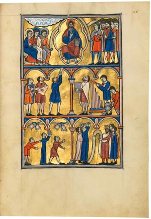 the creation worships God (23): 'laudate Dominum in sanctis eius': God in `Majestas Domini' variant, in a mandorla, seated on a rainbow, holding a book with his left hand on his knee and making a blessing gesture with his right hand in front of his chest; on his right: three saints, seated on a bench; one with his right hand in front of his chest in a gesture of speech, resting his left hand on a book; the second one raising his left hand with the palm in front view, the third with his left hand down on his knee, holding a scroll; clouds above their heads; to God's left: a group of men in short tunics; three of them with their left in front of their chest, two of whom make a speaking gesture; one holds a scroll with his right hand downward; one holds a scroll in his raised right hand.