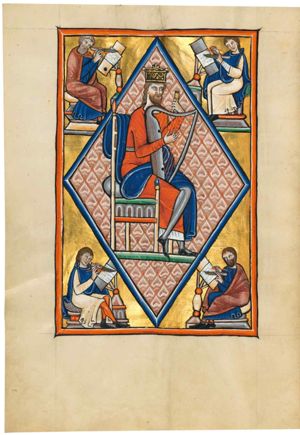 In a rhomboid frame David is sitting on a throne with his left leg crossed over his right, seen in three-quarter view; he wears a crown and is tuning his harp; in the four corners of the miniature four scribes are seated on a stool, holding a pen-knife in the left hand and writing on a piece of parchment on a lectern with the quill in their right hand.