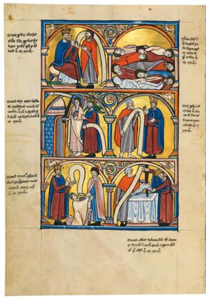 David, sitting on his throne on the left, holds both hands forward, a scroll in his left, his right hand in a gesture of speech; the right arm of the man (Gad?) facing him is covered by his cloak, but his hand appears from the top of it and he touches his left ear with his right index finger; he holds his left hand forward; architectural setting.