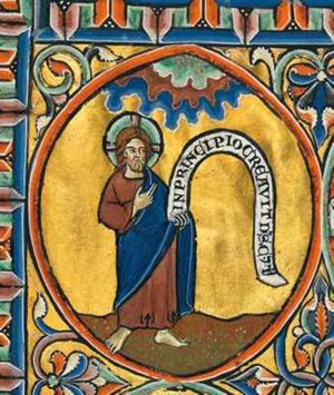 the Creator as Christ Logos, holding an inscribed scroll in his left hand and with his right hand in front of his chest, with the palm turned up in a blessing gesture.