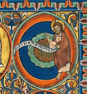 the Creator as Christ Logos with his right hand sidewards in a blessing gesture and holding an inscribed scroll in his left.