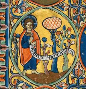 the Creator as Christ Logos, holding an inscribed scroll in his left hand and making a blessing gesture with his right hand in front of his chest; trees.