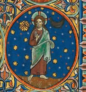 the Creator as Christ Logos, making a blessing gesture with his right hand in front of his chest; his left hand covered with his mantle.