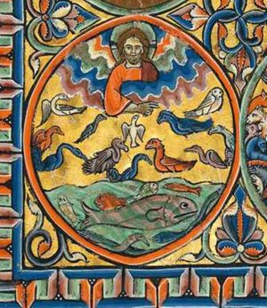 the Creator as a bust of Christ Logos, stretching his right hand down from heaven in a gesture of blessing.