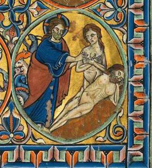 with a few of the created land-animals behind him, the Creator as Christ Logos touches with both hands the shoulder of Eve, emerging from Adam's body with both her hands crossed over chest; Adam lies asleep with his left hand under his head.