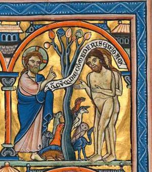 the Creator as Christ Logos stretches his right hand forward in a gesture of speech, holding an inscribed scroll in his covered left; Adam holds his hands forward with the palms towards each other; Eve standing behind him, animals behind the tree; architectural setting.
