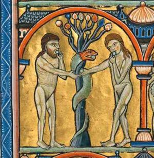 Eve, standing to the right of the tree, offers Adam a piece of the fruit with forward stretched right hand, eating from a fruit in her right; Adam accepts with his right hand forward, eating from another piece in his left; the serpent, coiled around the tree, also holds a piece of fruit; architectural setting.