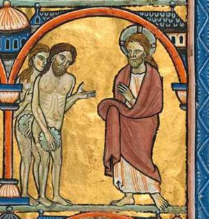 the Creator as Christ Logos to the right holds his left hand in front of his chest in a gesture of speech and holds his right hand covered; Adam stretches his left hand forward with the palm in front view, covering his nakedness with a leaf held in his right; Eve holds a leaf in her left and her right hand in front of her chest; architectural setting.